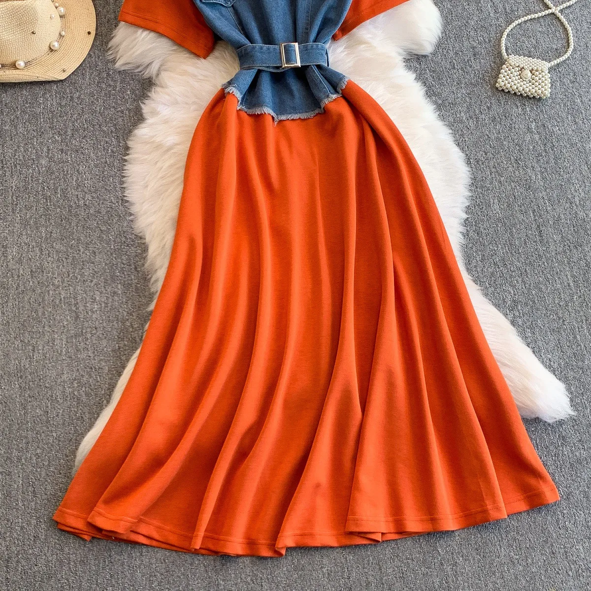 Denim Patchwork Knitted Short Sleeve Summer Anti-static High Waist Slimming Mid-length Skirt Dress for Women supplier