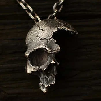 Vintage Half Face Skull Necklace Men Imitation 925 Silver Skull Pendant Gothic Necklace Hip Hop Men Biker Rock Punk Jewelry