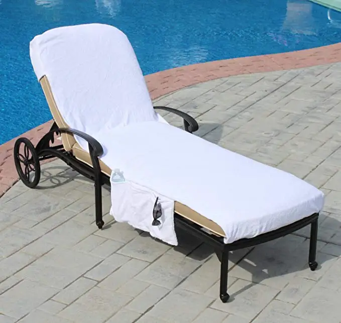 Custom cotton velour pool beach lounge chair cover towel with inflatable pillow and pocket