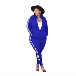 Plus size jogging pants two-piece trousers striped long-sleeved women's sportswear suit jogging personality zipper sports suit