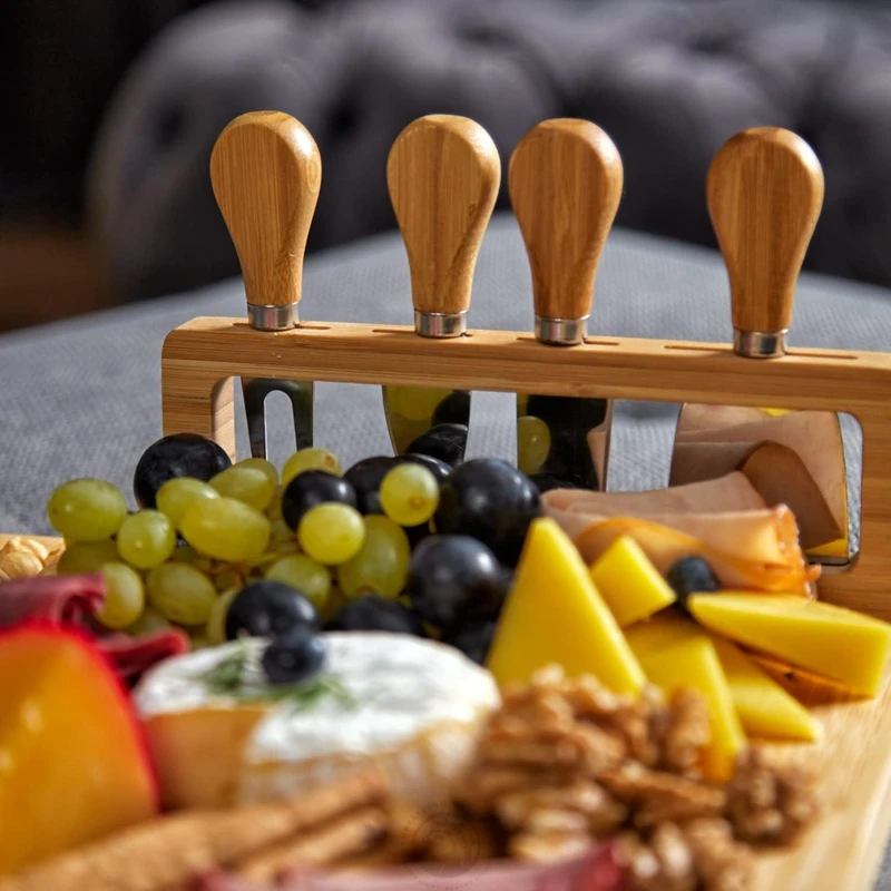 Hot Serving tray Wood Bamboo Cheese Board Set with Cutlery In Slide Out Drawer Cheese Platter Cutting Board wholesale