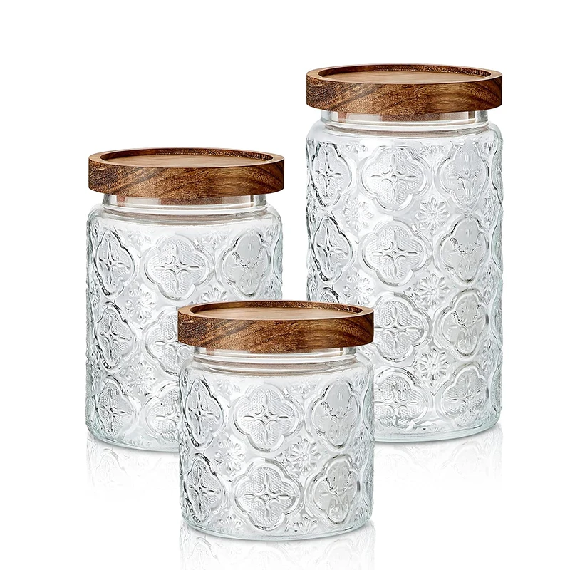 Embossed Glass Food Can 500ml 700ml Bamboo Wood Cover Snack Candy Storage Sealed Glass Bottle Mason Jar