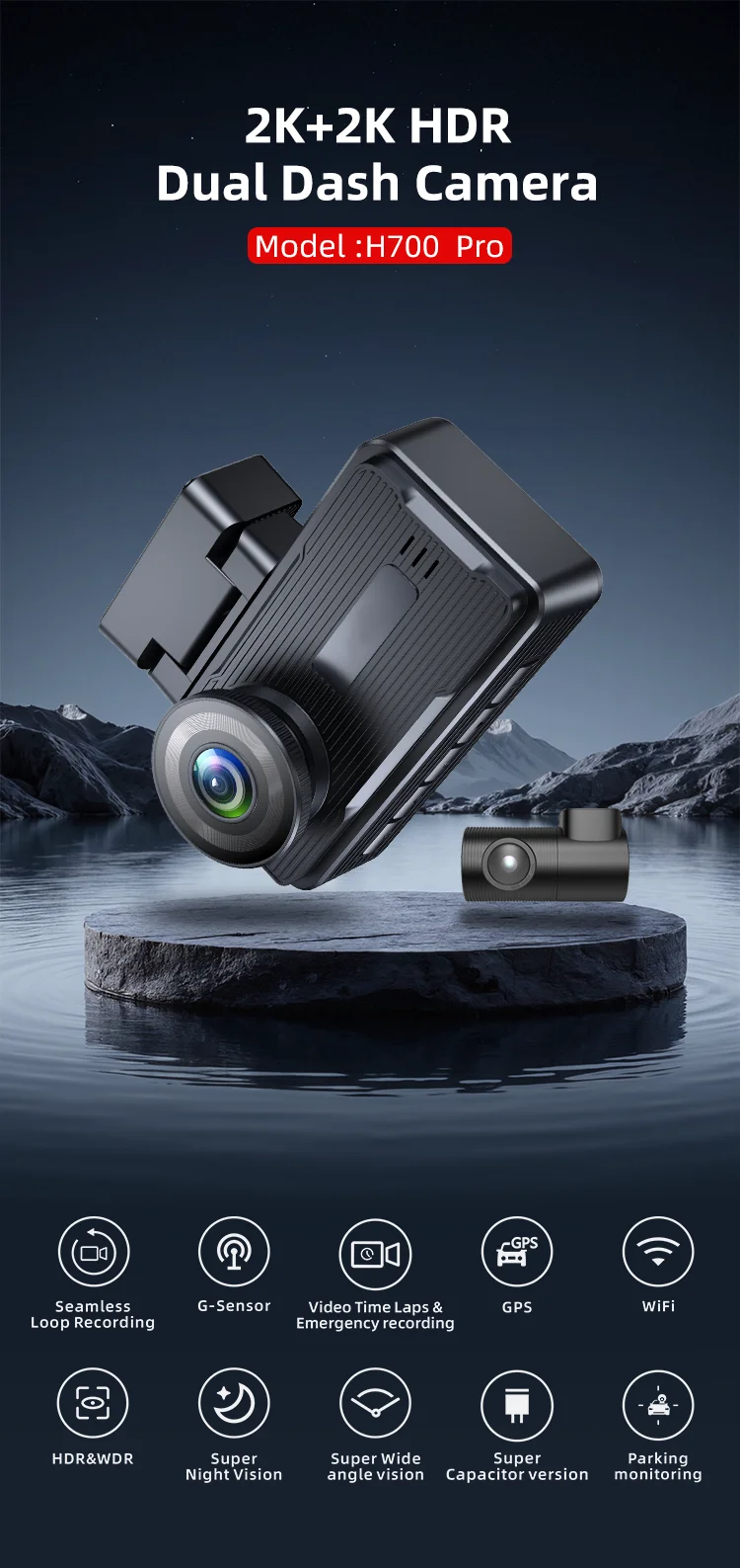 Factory Outlet AHD Dual Lens 3 Inch IPS LCD with Real 2K+2K Dashcam Black Box Type-C Power Tracking and Speed Private Car supplier