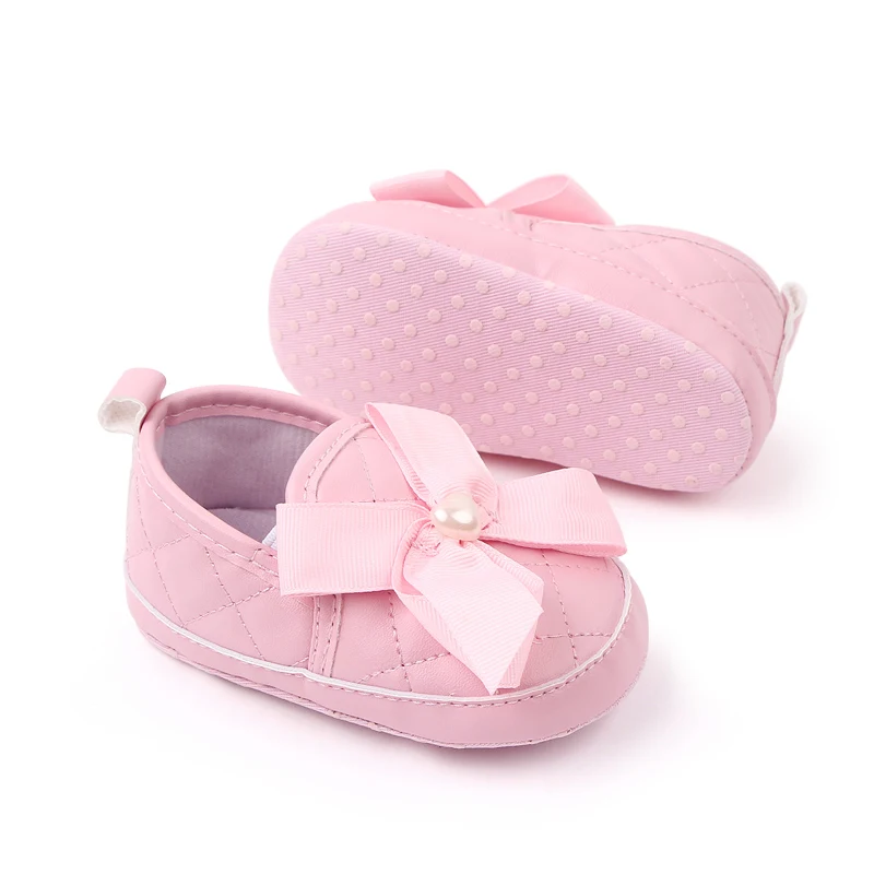 Soft Soled Big Bow Infant Shoes Diamond Check PU Leather Shoes 0-1 Year Old Baby Girls Walking Shoes details