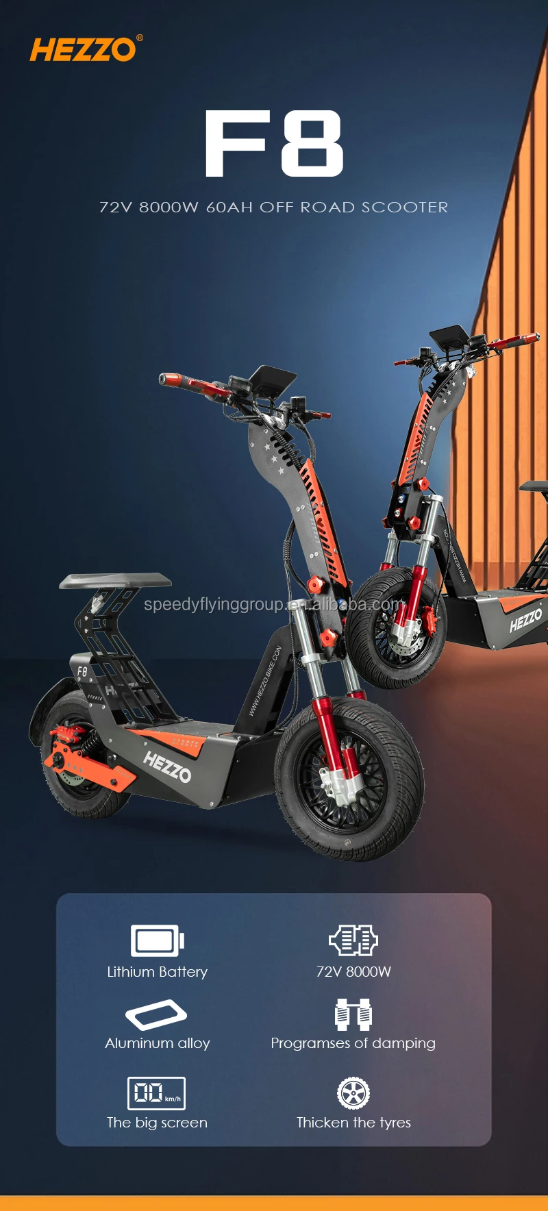 Hezzo Eu Us Warehouse F8 Off Road Scooter 72v 8000w 16 Fat Tire Nfc