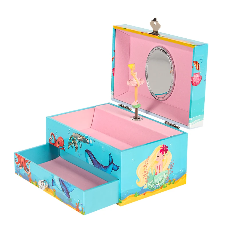 Newest Design Custom Luxury 5 Inch Ocean Lake Blue Mermaid Music Box Ballerina Jewelry Music Box With Single Drawer