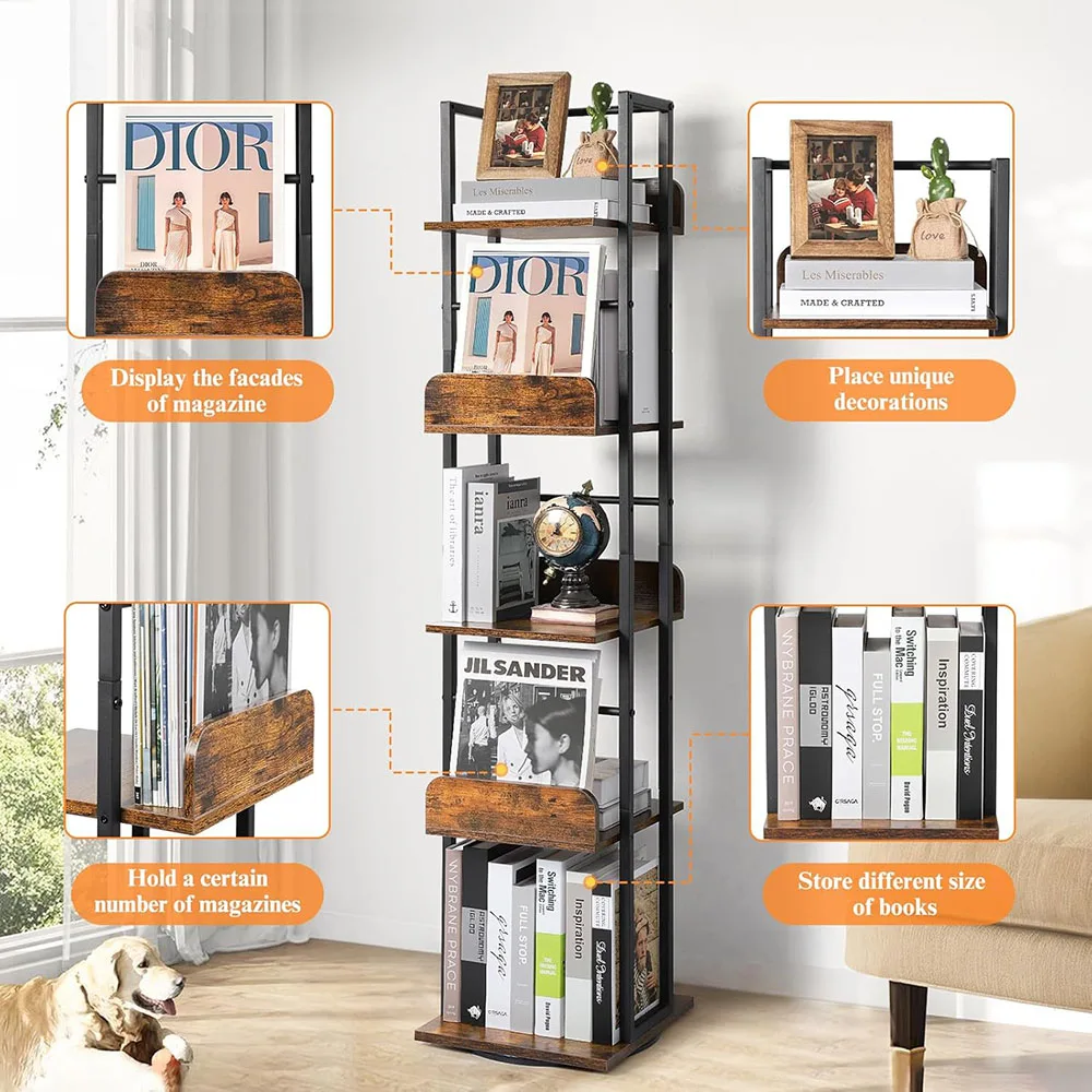 Modern 360 Display Spinning Ladder Shelf 5-Tier Narrow Tall Bookcase Small Corner Living Room Book Shelves manufacture