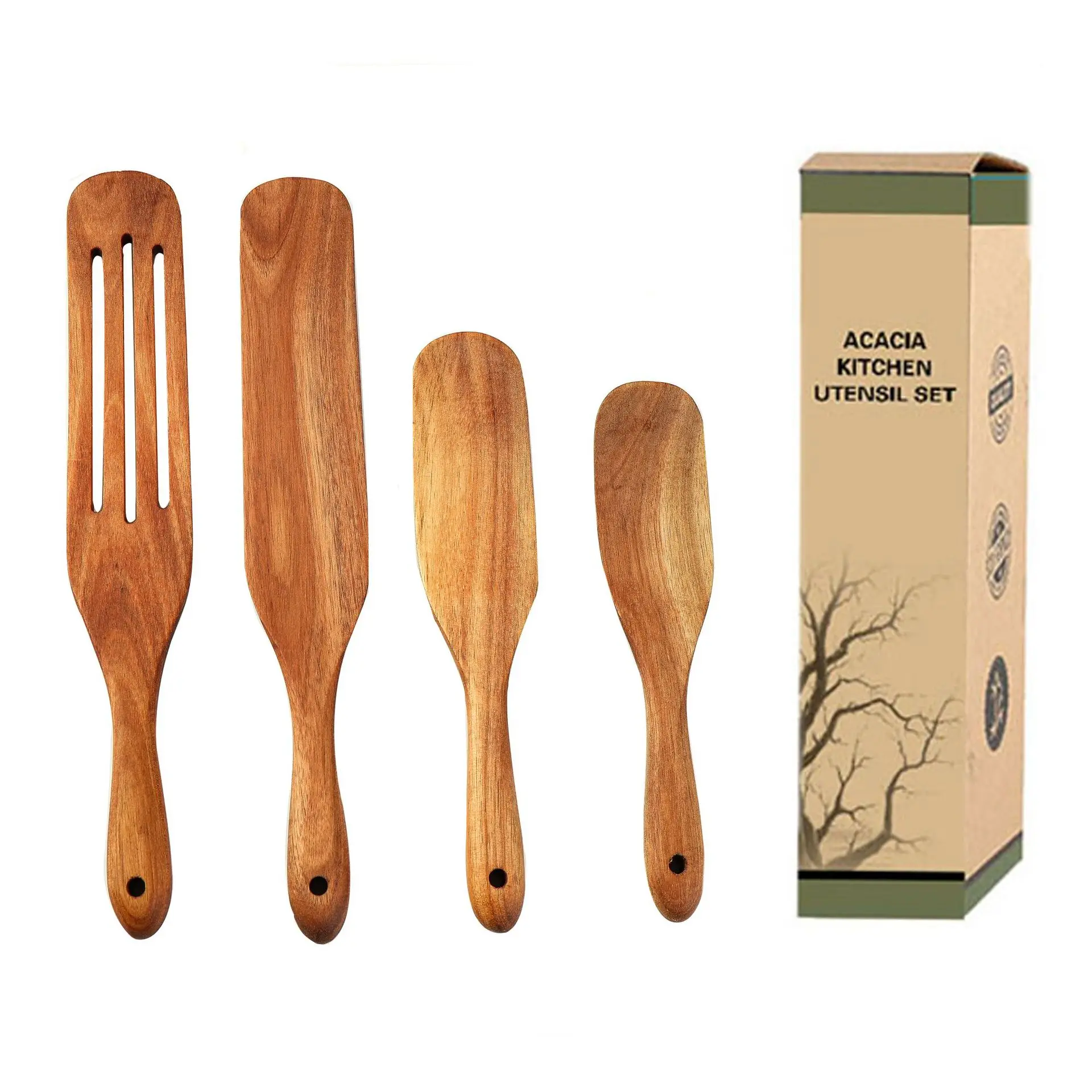 2021 Hot sell Acacia Teak Beech Bamboo Wood with holder Slotted Kitchen tools utensils Wooden Spurtles set