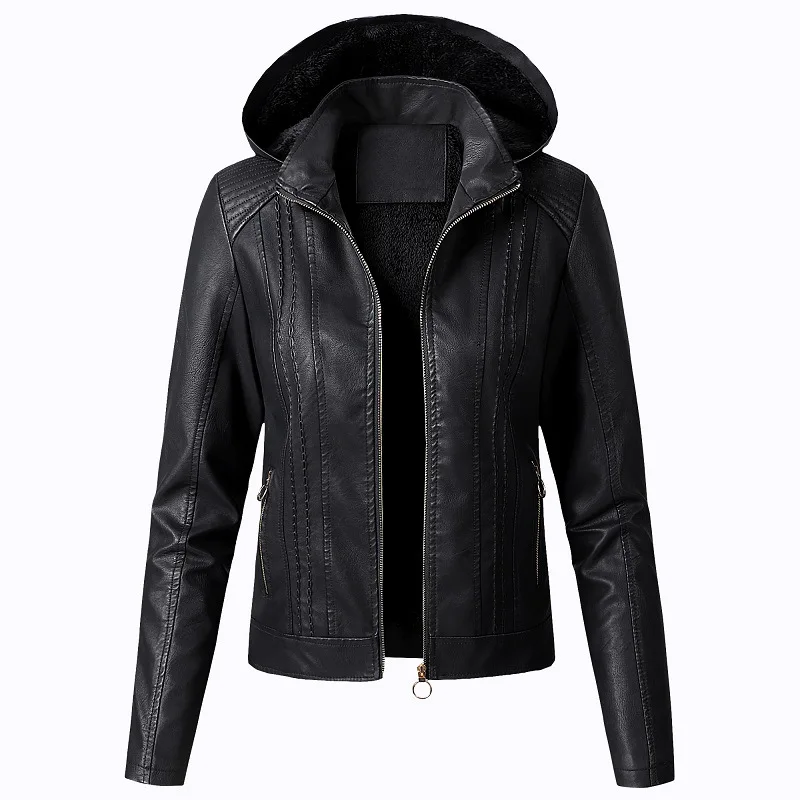New Korean Ladies Pu Leather Coat Winter Faux Fur Hoodie coat Motorcycle Faux Fur Jacket For Women Thick  Fleece Jackets
