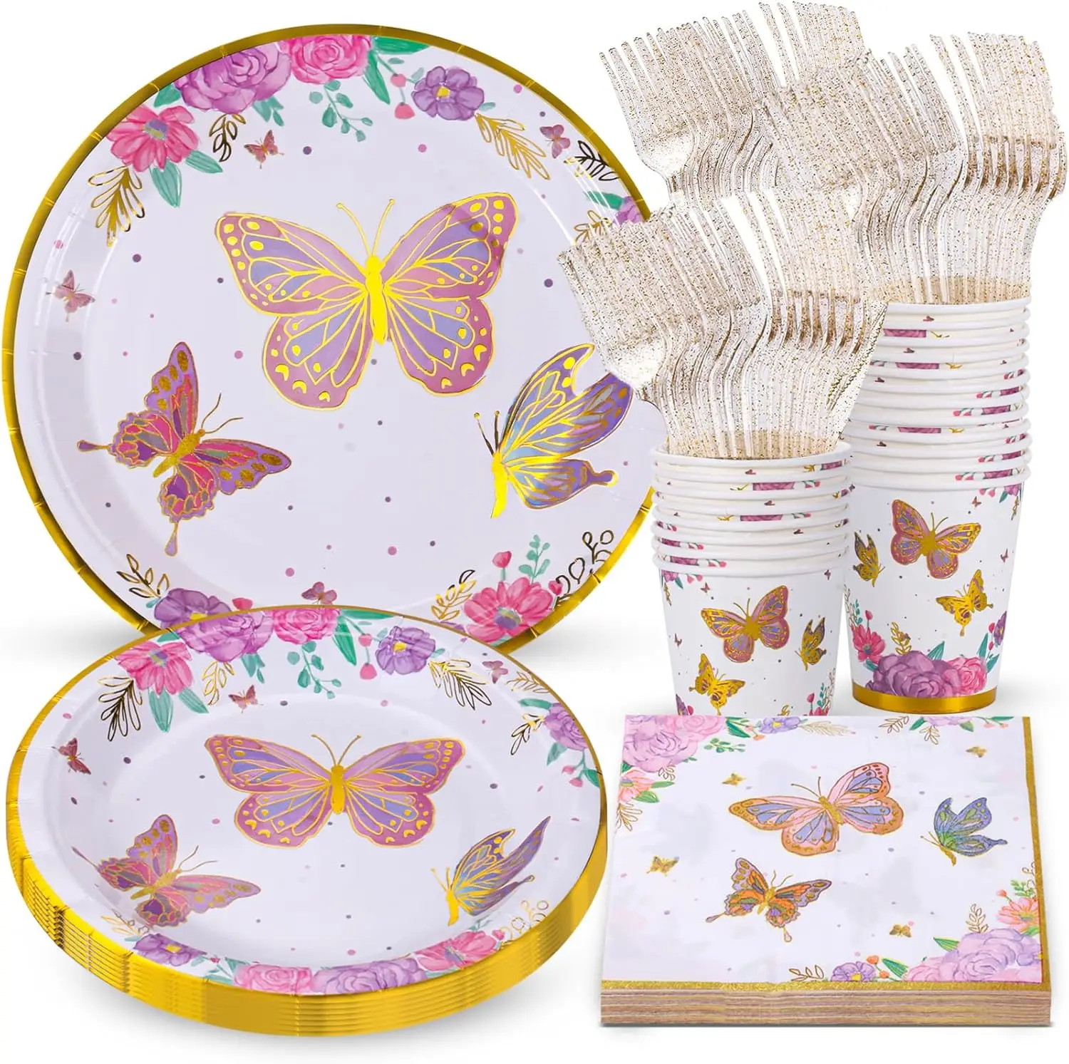 Atonofun Butterfly Birthday Party Supplies Butterfly Party Plates Cups Napkins Butterfly Party Tableware for Baby Shower