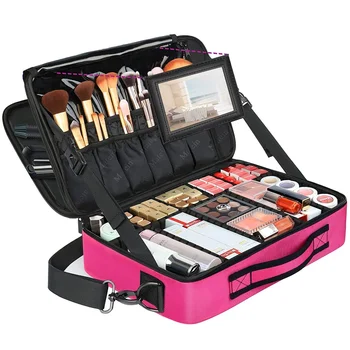 Large Professional Makeup Bag Travel Cosmetic Train Case Makeup Brush Organizer with Mirror 3 Layers Artist Make Up Bag