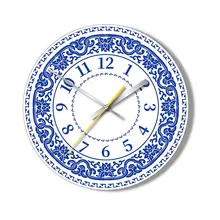 2024 new Chinese style blue and white porcelain Mdf Wood Wall Clock Custom Logo 12 Inch Modern Round Simple Clocks