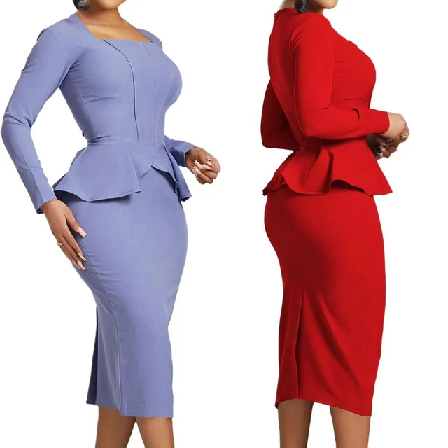 Office lady career dresses women long sleeve square neck peplum ruffles dress slim fit elegant plus size african dresses