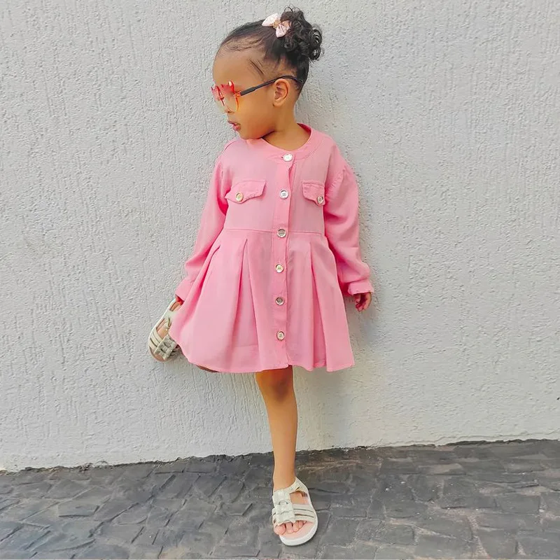 INS style toddler girls casual dress long sleeve princess pink pleated skirt boutique baby girls dresses