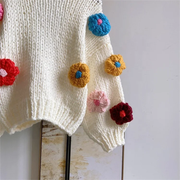 3D Flowers Short Cardigans Thick Warm Vintage Autumn Winter Women Sweaters Korean Fashion V Neck Sweet Knitwears