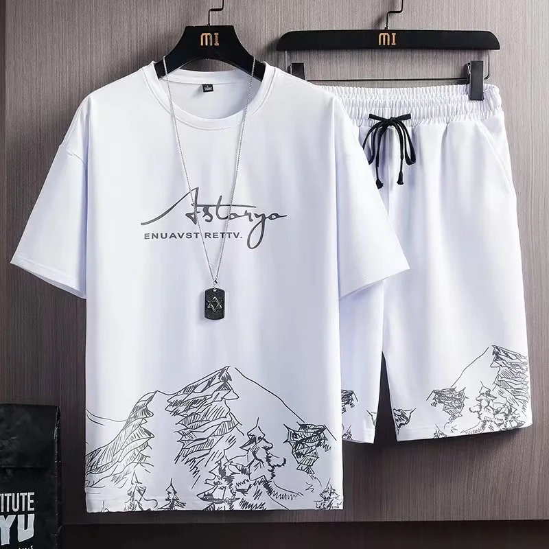 Short-sleeved suit men's summer Korean version of the new fashion print shorts two-piece suit for teenagers.