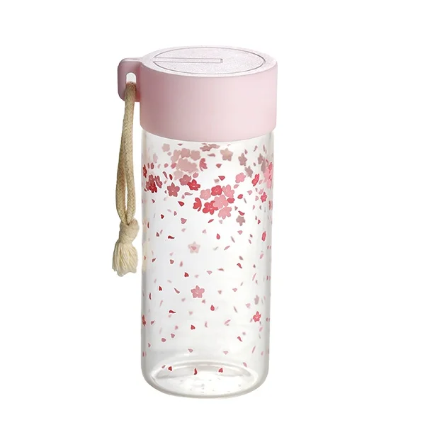 Eco-Friendly High Borosilicate Glass Bottle with Sakura decals, Reusable Water Bottle Made by Food Grade Materials