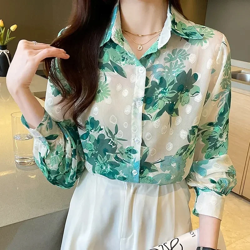 High quality wholesale 2024 women's shirt four seasons new long sleeve V-neck women's blouse blouse loose women's shirt