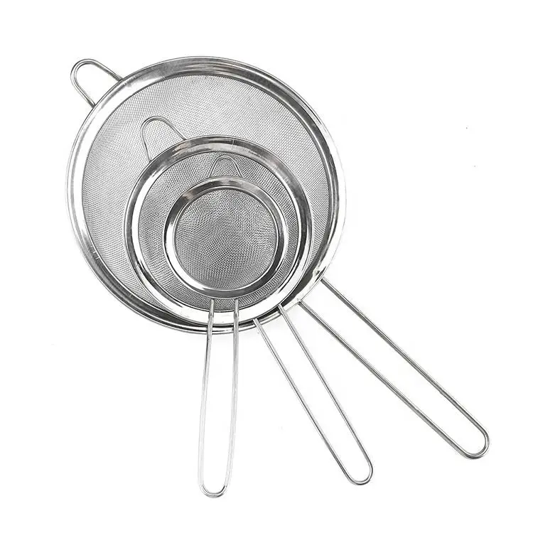 3 Piece Stainless Steel Fine Mesh Strainer Flour Sifter Oil Filters Colander with Long Handle