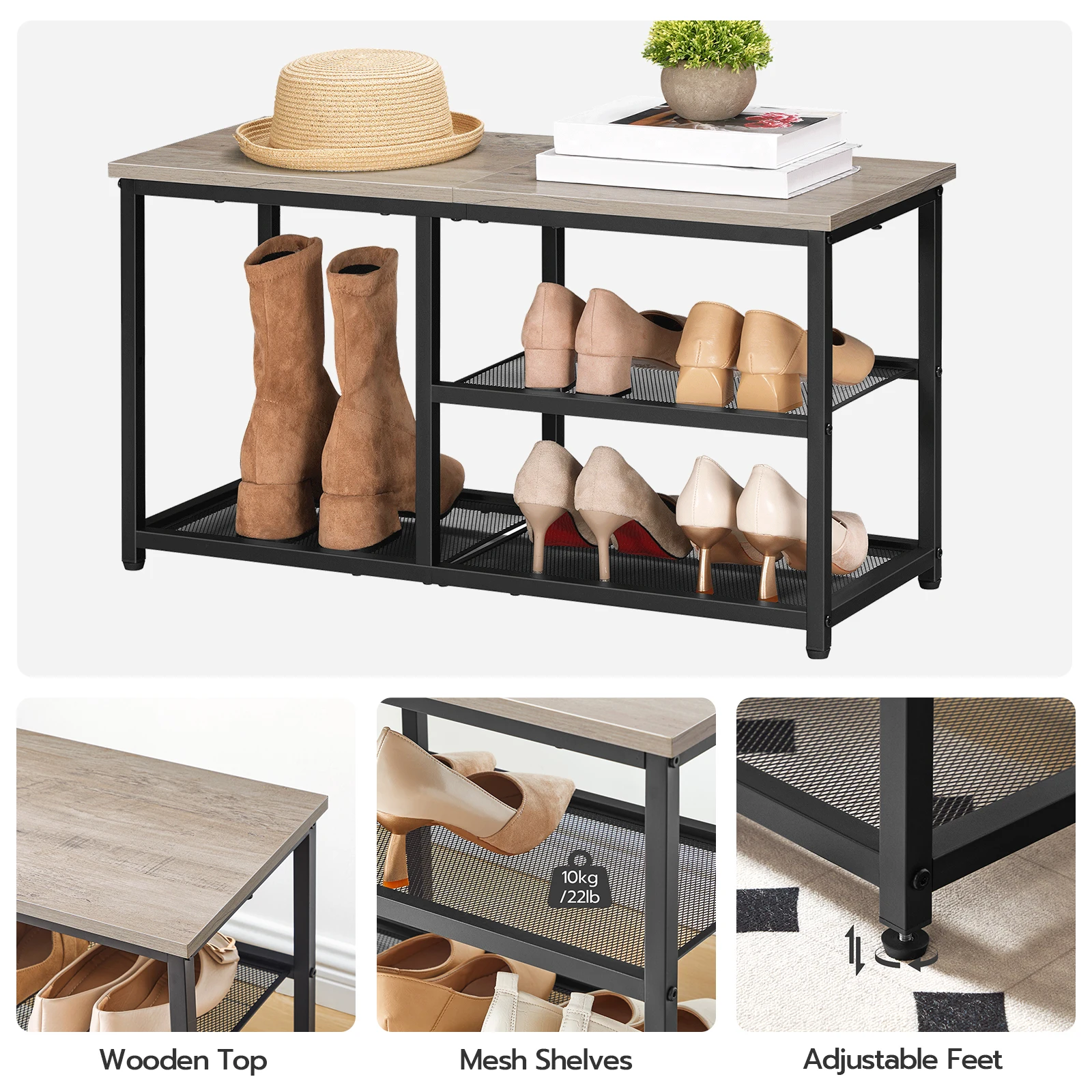 Industrial Style 3 Tier Wooden Hallway Shoe Storage Bench Large Shoe Rack Stand For 6/8/10/12 Pairs Shoes Organizer With Seat