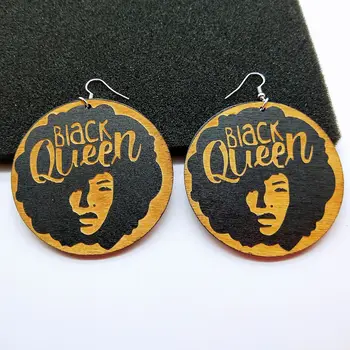 New Arrival Ethnic Jewelry Black African Map Earrings Round Afro Woman Queen Painted Wood Earring For Women