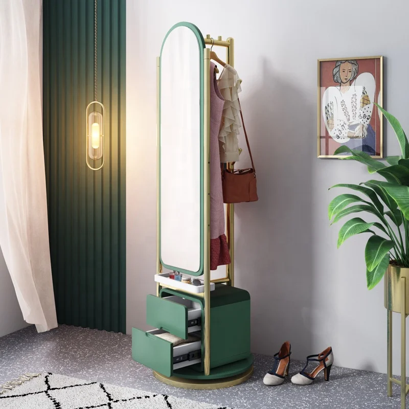 Modern Full Body Dressing Mirror Design Green Storage Rotation Home Metal Standing Coat Racks