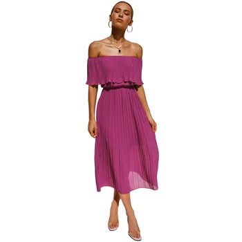 Purple Off the Shoulder Elegant Chiffon Casual Dresses 2020 Summer Midi Dress