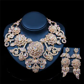 Gold Rose Necklace Bracelet Earring Ring Jewelry Set Unique Hollow Out Best Women Costume Accessories Jewellery Sets /