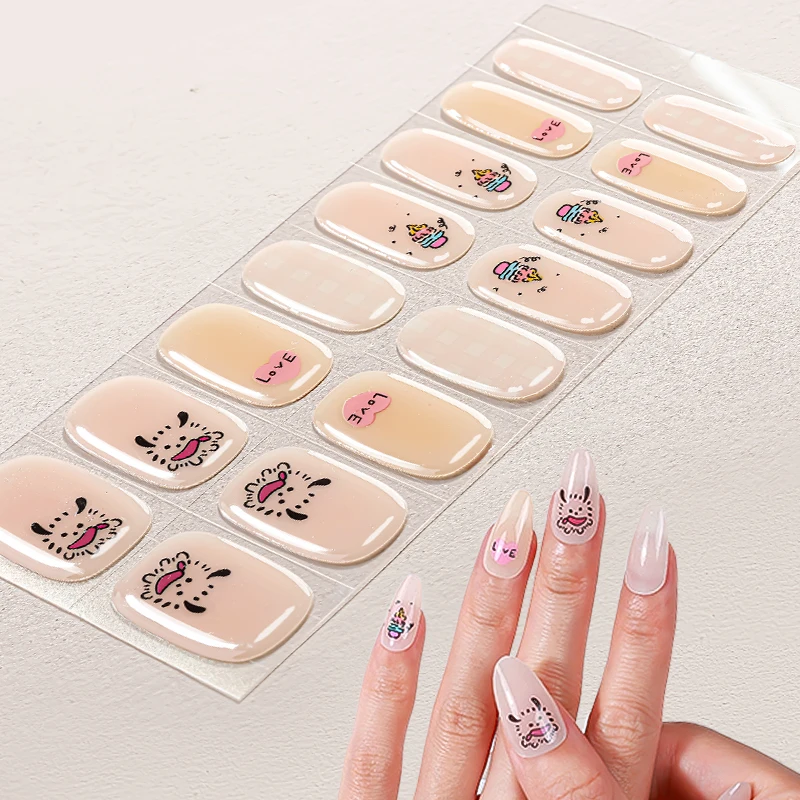 product 16pcs cute capybara cat design gel nail sticker uv light drying semi cured nail strip-1