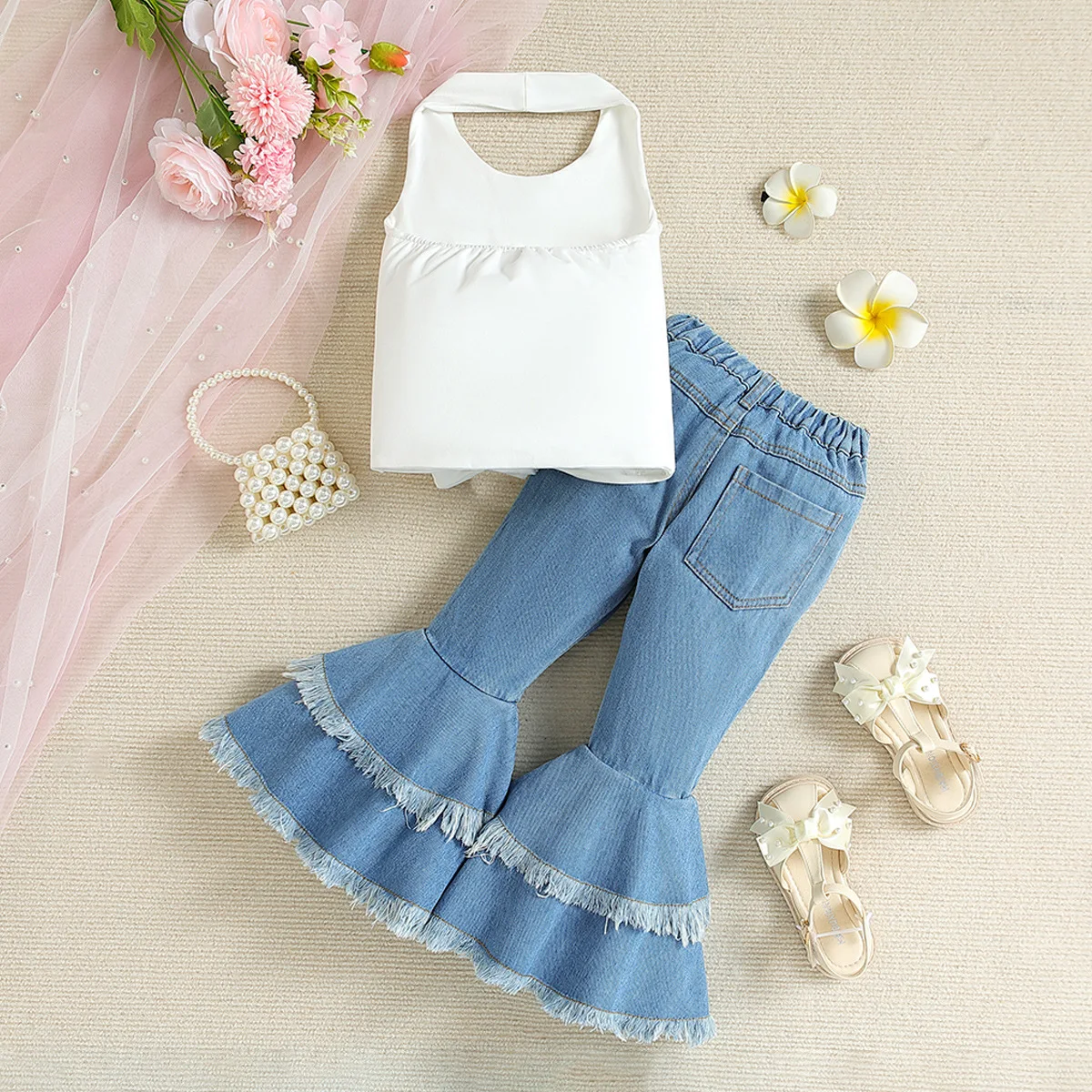 New girl's summer outfits hanging neck vest tops+ denim bell pants fashion toddler girls clothing sets kids suits
