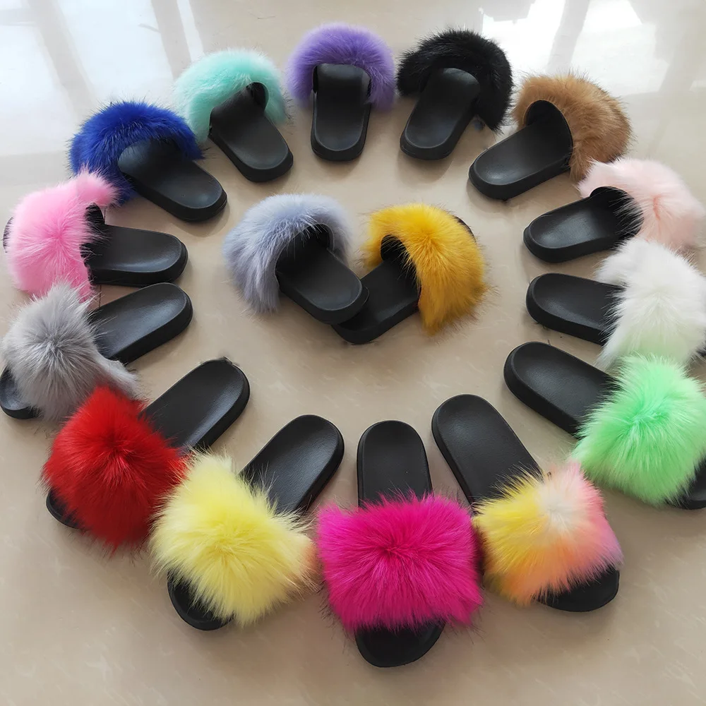 Wholesale Price REAL PLUS BIG 100% FUR slippers fluffy flush soft fox raccoon fur outdoor sandals slides for women's slippers