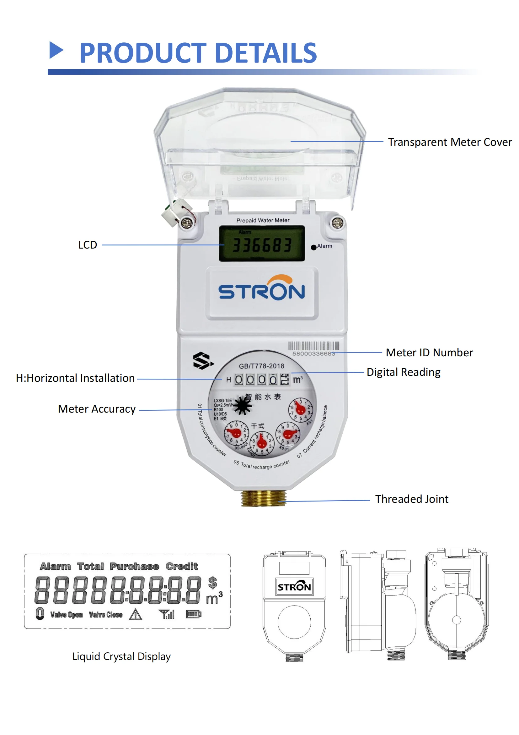 STS Standard Prepaid Water Meter with 1km Measurement Range 84 Flow Rate and Grey Color DN15 IP68