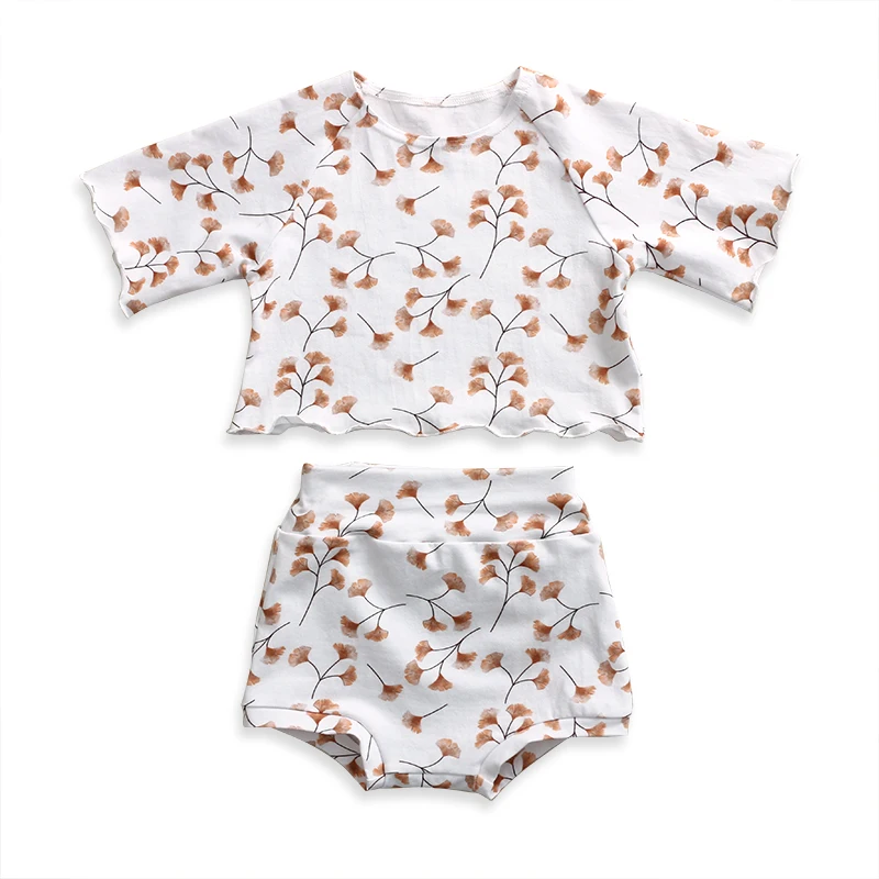 Customized Flower Design Summer Baby Clothes Kids Outfits White Cotton Newborn Baby 2 pcs Clothing Set