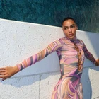 Pink Dress 2021 Fashion Hot Style Mature Women Autumn Pink Long Sleeve Wrapped Hips Digital Print Round Neck Dress