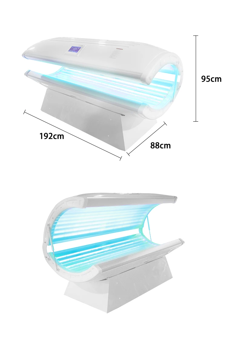 Professional UV Tanning Bed Full Body Sunbed for Salon & Indoor Home Use 11 <h3><strong>TECHNICAL SPECIFICATIONS</strong></h3> Input Voltage: AC110V-240V, 50/60Hz Power: 2400W Light Source:24 x 100W Cosmedico Lamps Wavelength:433nm Lamp Brand:Cosmedico (Germany) Lamp Wattage:180 W Tanning Time:15–20 minutes recommended Packing Size: 192×86×99CM Gross Weight: 110kg Warranty:36-month warranty Professional UV Tanning Bed Full Body Sunbed for Salon & Indoor Home Use