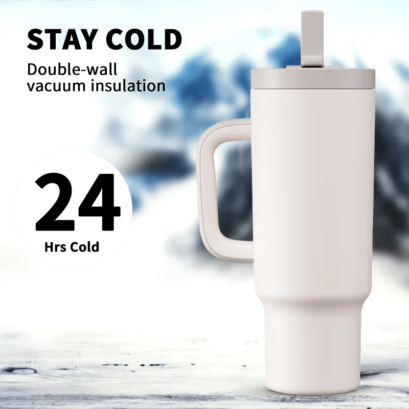 Fashion Sustainable Travel Mug 40oz Tumbler With Handle 2 in 1 Straw and Sip Lid Double Insulated Tumbler details