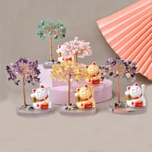 Lucky Cat Money Tree/Feng Shui Fortune Cat Semi Precious Gemstone Crystal Life Tree Ornament Crystal Crafts for Home Decoration