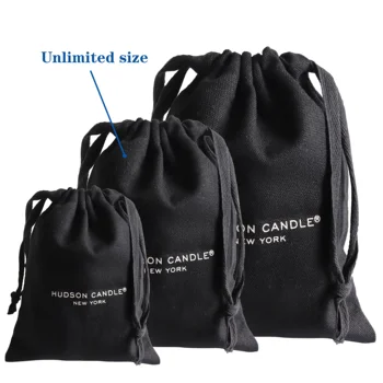 Custom private black cotton linen canvas drawstring bag with White printed logo for handbag hat cap shoe packaging dust pouch