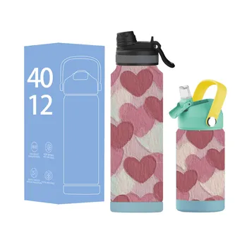 Portable Stainless Steel Water Bottle Set Large 40oz 12oz Flask Vacuum Drinking Bottle With Straw For Parents  And Children