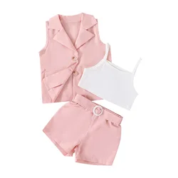 New arrival toddler girl clothes boutique kids sleeveless coat+vest+shorts clothing candy-color girl's 3pcs outfits