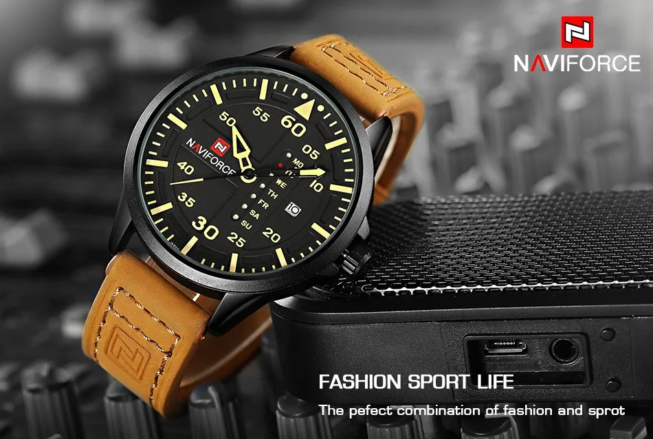 NAVIFORCE 9074 Men Quartz Waterproof 3BAR Leather