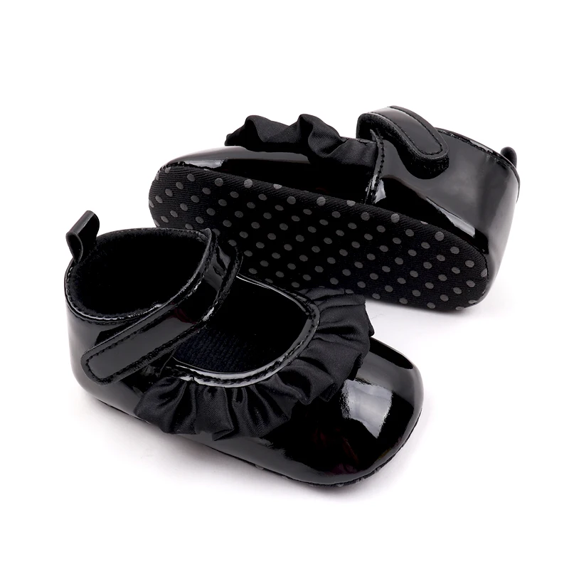 Fashion Lace Princess Shoes Solid Color Baby Girls PU Leather Bright Face Soft Soled Shoes supplier