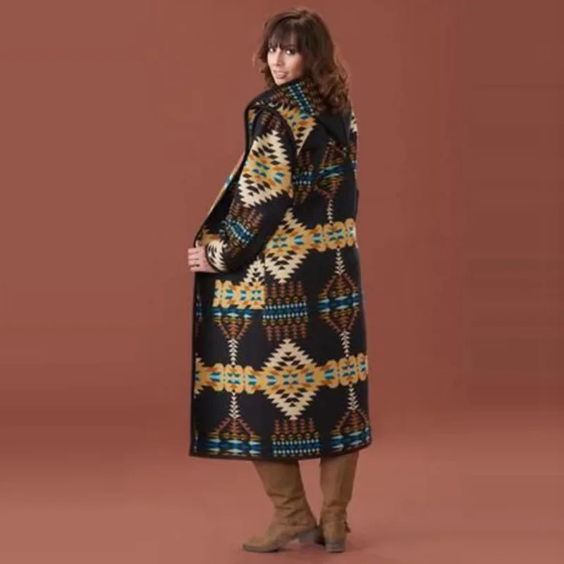 Winter Women's Plus Size Long Sleeve Tribe Aztec Jacket Single Button High Quality Women Hooded Western Cardigan Trench Coats