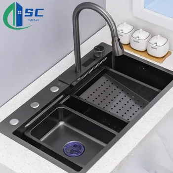 Double Bowl Stainless Steel Handmade Kitchen Undermount Sink With Waterfall Faucet