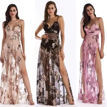 Wholesale custom Fast shipping 2024 summer new women's sexy V-neck halter backless sequin dress long skirt