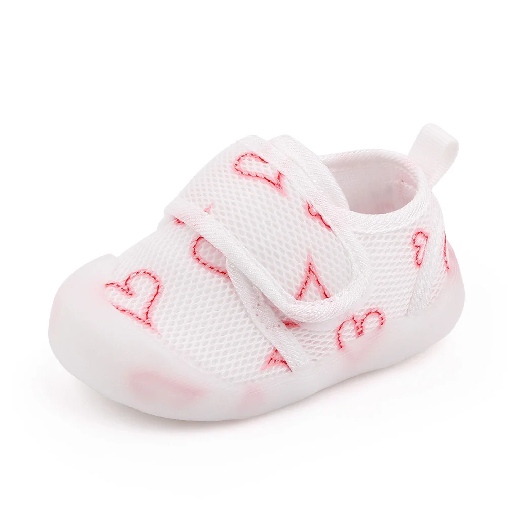 Children's Small White Shoes Breathable Mesh Cloth Heart Stripe Kids Rubber Soled Walking Shoes supplier
