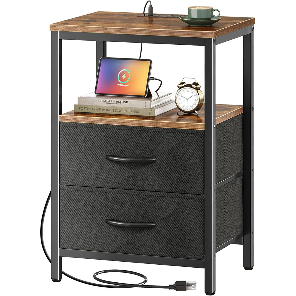 Modern Home Nightstand with Smart Charging Station Fabric Drawers Open Shelf USB Ports Outlets Wooden Panel Bedside Table manufacture