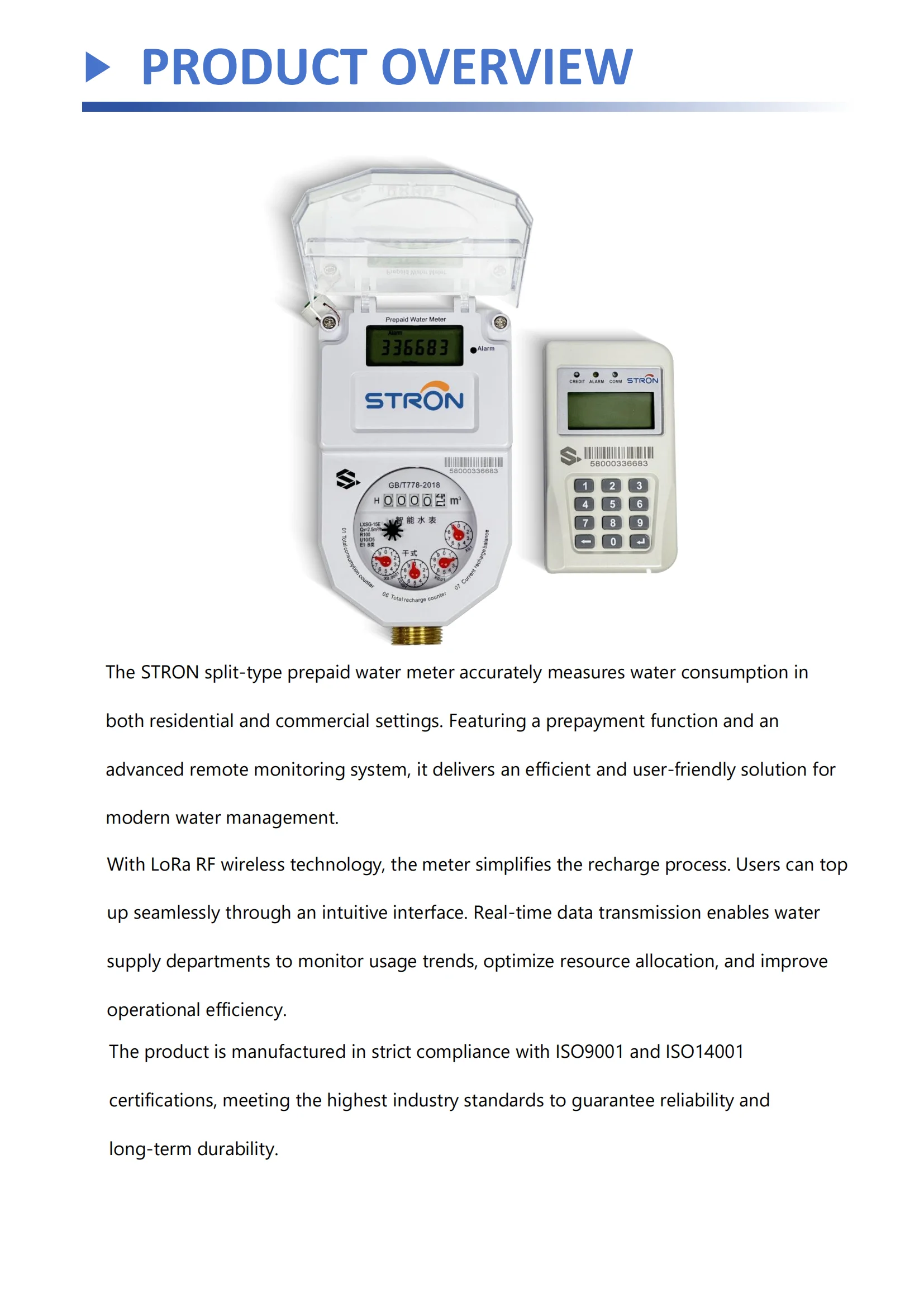 STS Smart Prepaid Water Meter with STW36-B Material 0-99999 Measurement Range and 16MPA Water Pressure
