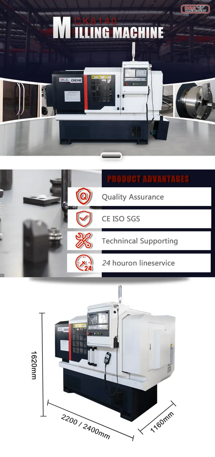 CK6140*1000mm Flat Bed Long Shaft Part Processing Turning CNC Lathe Machine