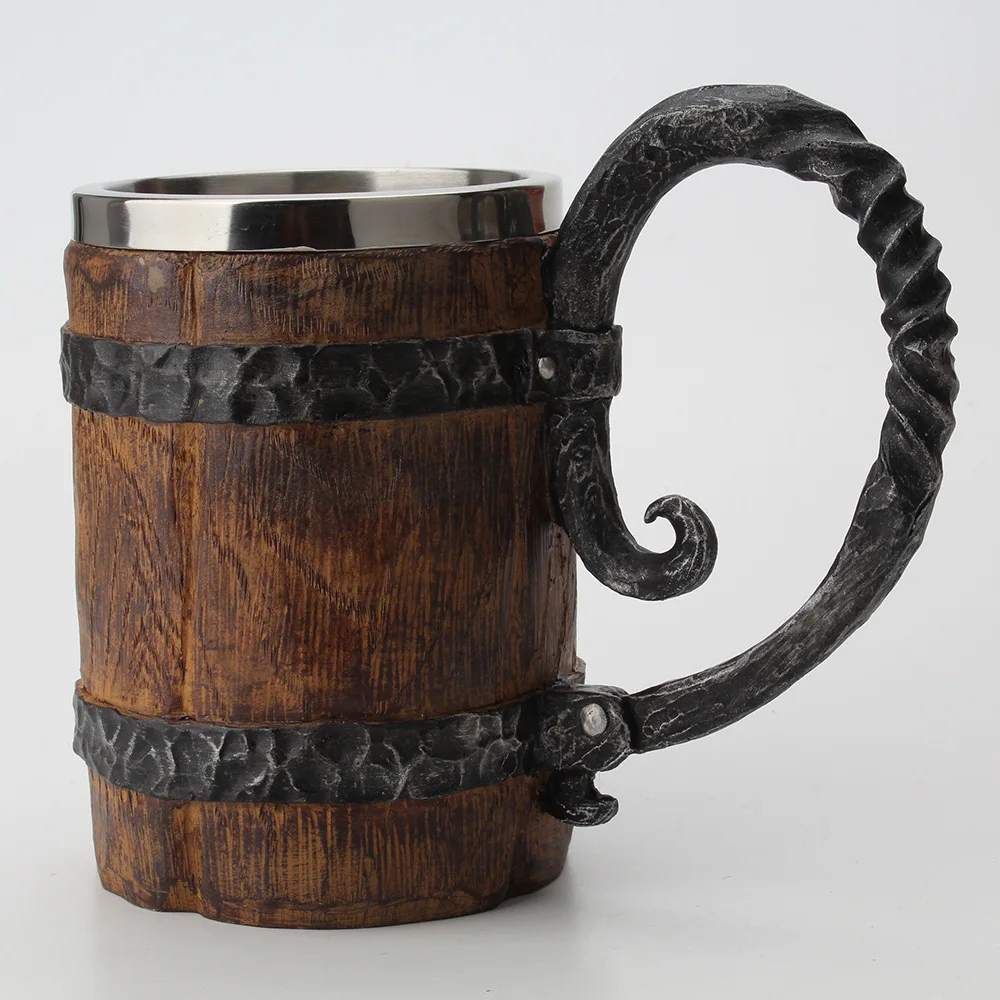 Creative Personality 550ml Resin Stainless Steel Double Wall Wooden Coffee Beer Mug With Handle